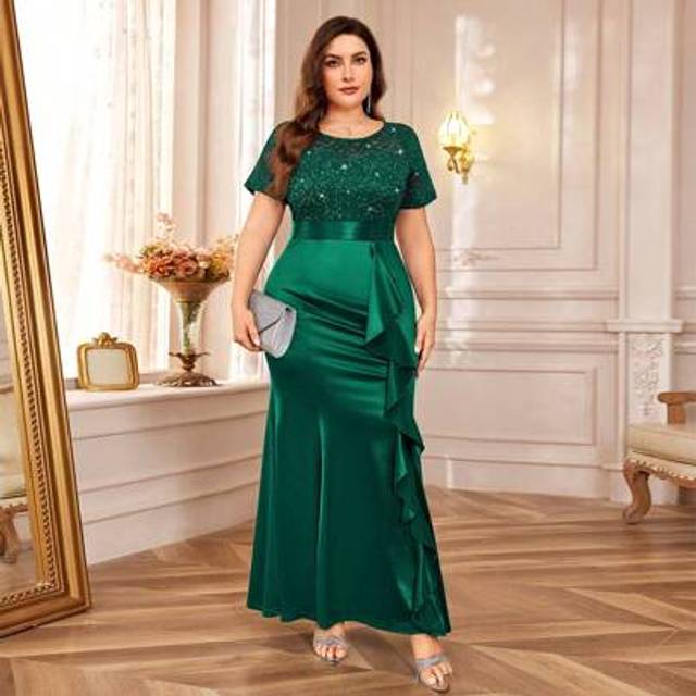 Plus Elegant Volangkant Satin Kontrast Paljett Spets Sjöjungfru Fåll Formell Festklänning, Klänning, För Kväll, Bröllopsgäst - Mörk Grön (0XL,1XL,2XL,3XL,4XL)