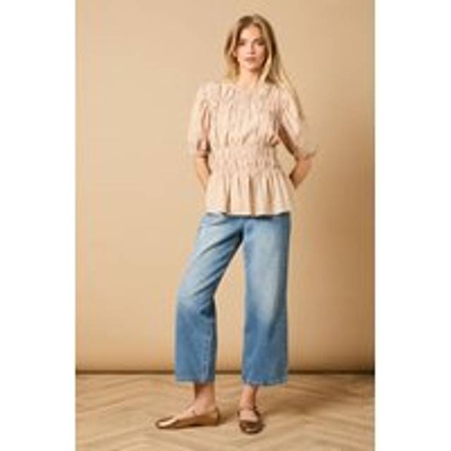 Shirred Bodice Puff Sleeve Top - Stone - 14