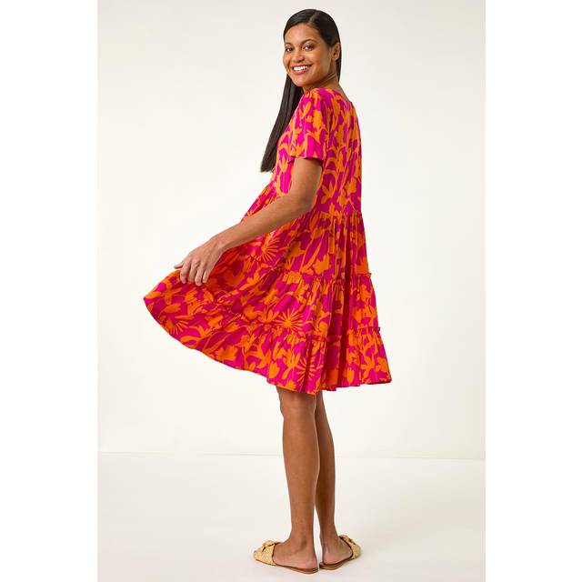 Roman Shadow Floral Tiered Smock Dress - Fuchsia, Pink, Size 14, Women