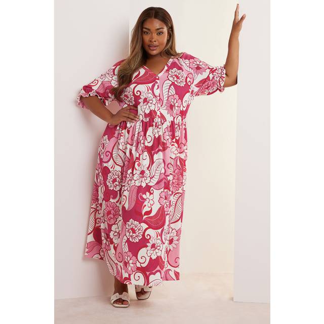 Yours Curve Pink Floral Frill Sleeve Maxi Dress, Women's Curve & Plus Size, Yours - 26-28