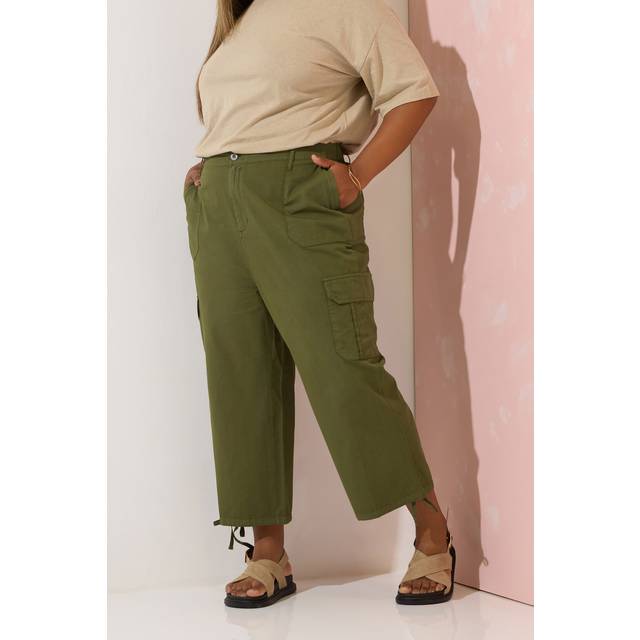 Yours Curve Khaki Green Cotton Cropped Cargo Trousers, Women's Curve & Plus Size, Yours - 18