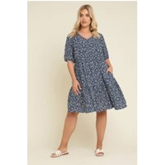 Yours Curve Navy Blue Ditsy Floral Print Tiered Mini Dress, Women's Curve & Plus Size, Yours - 20