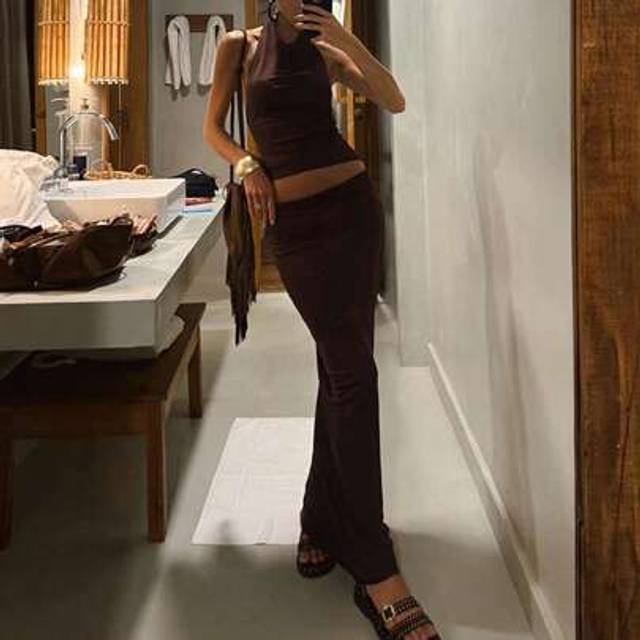 SHEIN Summer Hot Girl Hanging Neck Backless Vest Slim Fit Solid Color Skirt Set