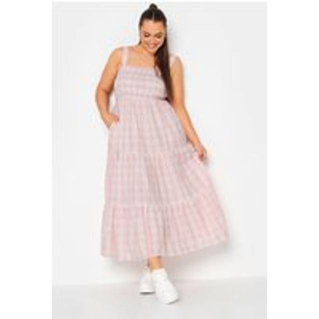 Yours Curve Pink Check Print Shirred Strappy Sundress, Women's Curve & Plus Size, Yours - 22-24