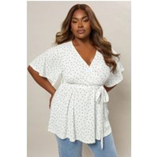 Yours Curve White Ditsy Spot Print Wrap Top, Women's Curve & Plus Size, Yours - 22-24