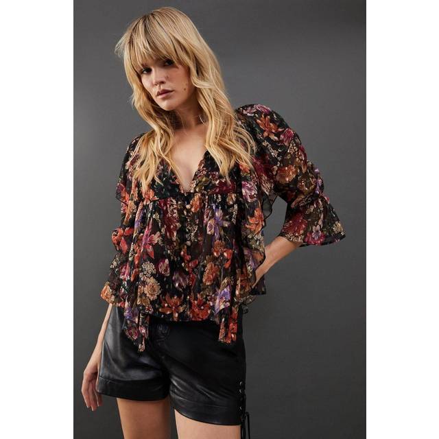 Warehouse Womens Metallic Dobby Button Front Ruffle Detail Blouse - Floral - Size 6 UK
