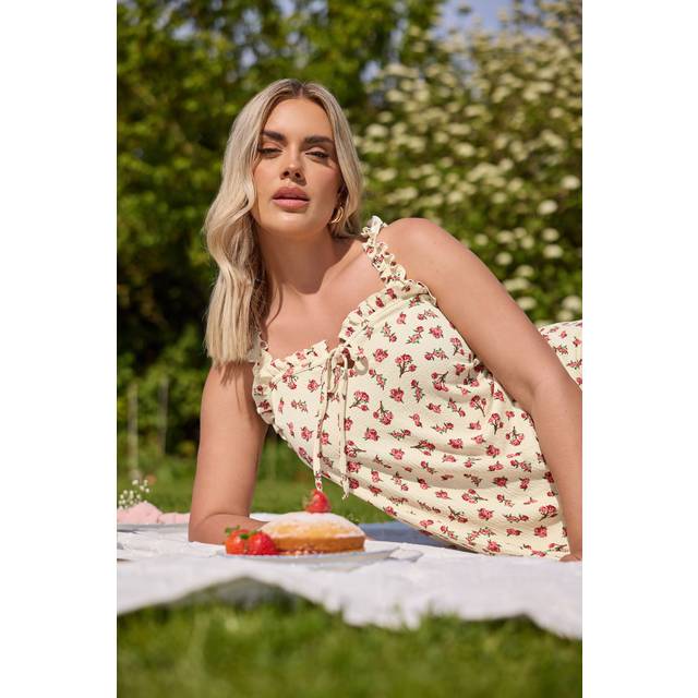 Yours Curve Yellow Ditsy Floral Tie Neck Frill Cami Top, Women's Curve & Plus Size, Yours - 14