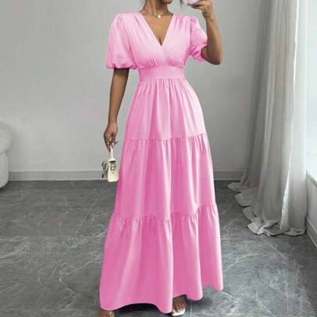Calvaya Elegant Casual Vacation V-Neck Ruched Flare Hem Puff Sleeve Long Dress, New Design For Women In Purple Color, Spring/Summer