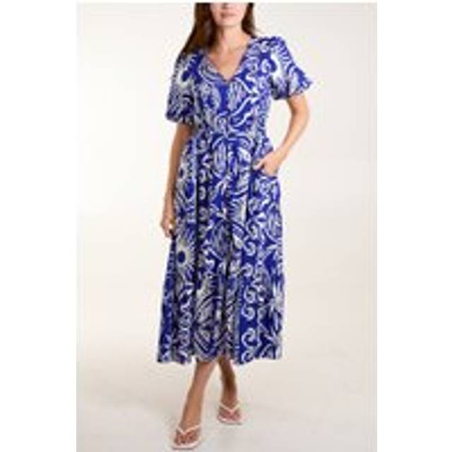 Blue Vanilla Blue Printed Puff Sleeve Shirred Waist Midi Dress