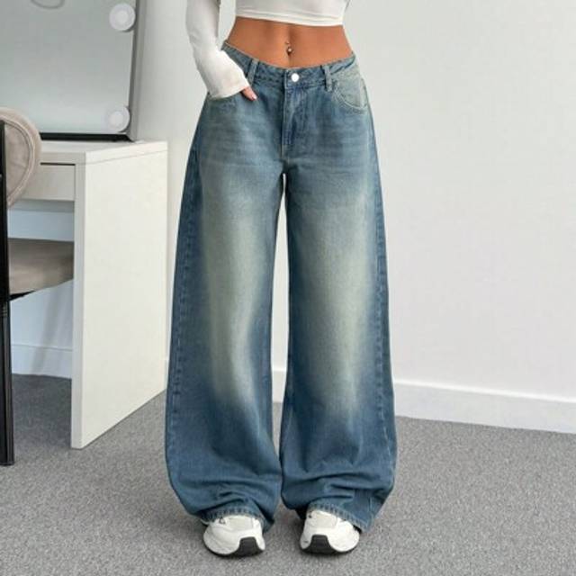 SHEIN Women&#39;s Low Waist Pocketed Wide Leg Loose Casual Versatile Jeans