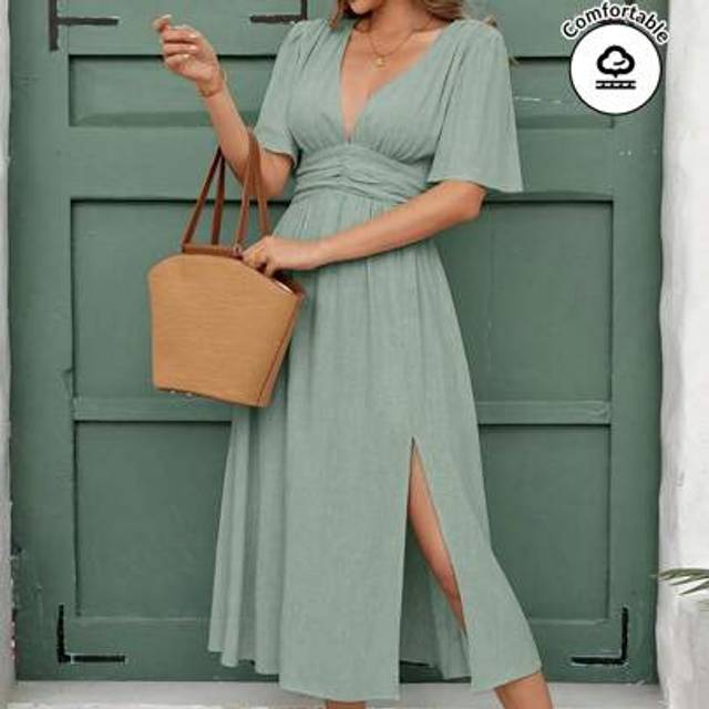 SHEIN Women&#39;s Elegant Shirred Waist Gathered Flared Hem Slit Comfortable Linen Mid-Calf Vacation Dress