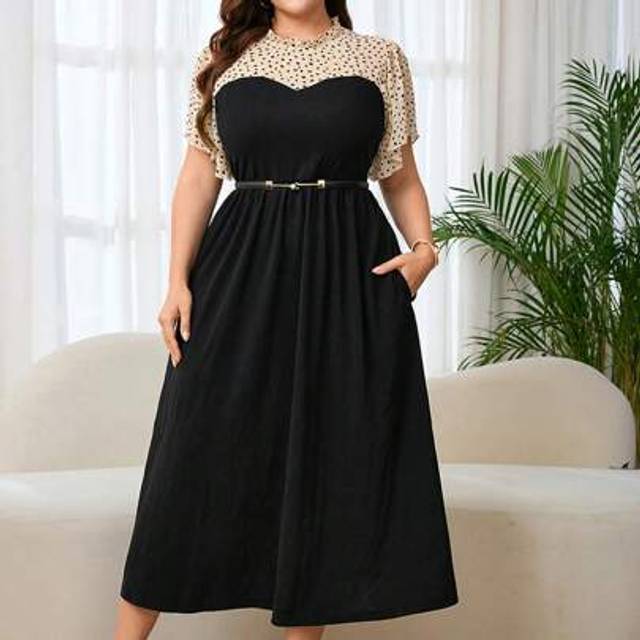 SHEIN Plus Size Women Summer Dress, Elegant Patchwork Dress With Pockets For Outdoor Wear, Black Midi Dress Work Summer Dresses Women Plus Clothing Business