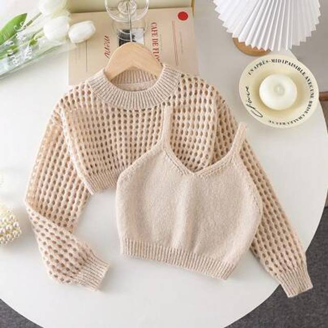 SHEIN Fashion Tween Girl Hollow-Out Long Sleeve Sweater And Solid Color Camisole Knit Top Spring/Summer Set