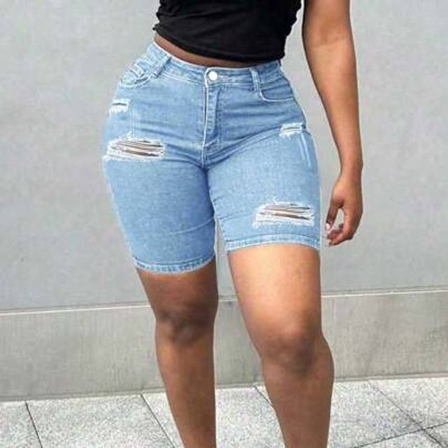 SHEIN Women&#39;s Summer Casual Whisker Embellished Stretchy Skinny Ripped Denim Shorts Jeans Curve Vacation Beach Denim Short Concert Festival Cowgirl