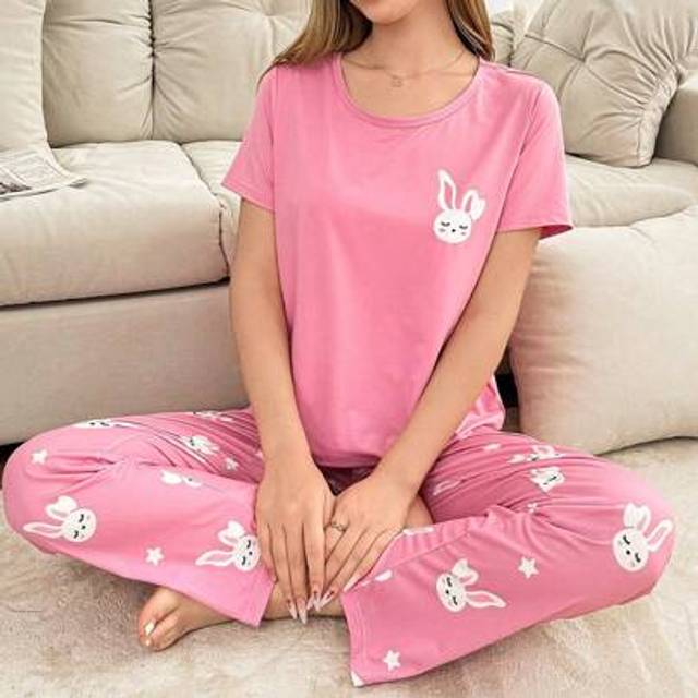 SHEIN Cute Rabbit Print Short Sleeve Loungewear Pajama Set In Pink