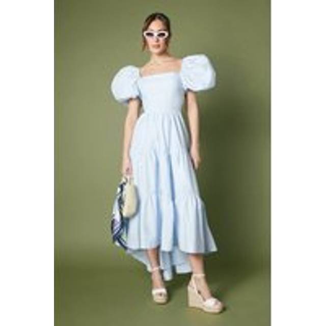 Puff Sleeve Tiered High Low Maxi Dress - Light Blue - 8