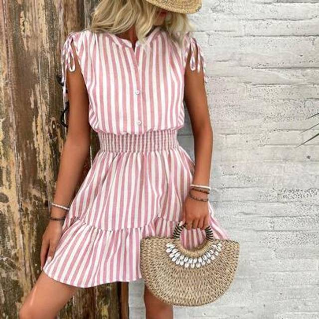 Calvaya Blue & White Striped Summer Dress With Shoulder Pleats, Bowknot, And Elasticated Waist, Cotton