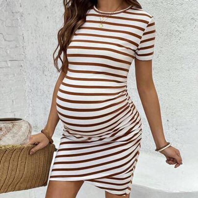 SHEIN Slim Fit Stripe Pattern Maternity Round Neck Short Sleeve Casual Dress Casual Dresses For Women Casual Dresses For Woman Maternity Dresses For Women N