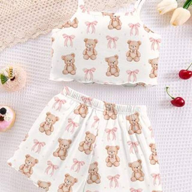 SHEIN Young Girls Bear Design Bow Tank Top And Shorts Casual Sleepwear Comfortable Pajama Set, Suitable For Summer