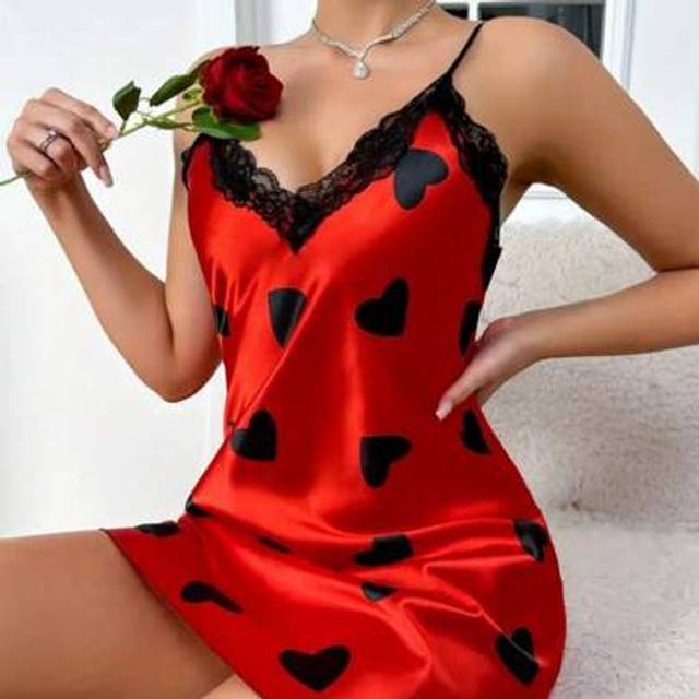 SHEIN Valentine&#39;s Day Gift Lace Trim Heart Print Nightgown, V-Neck Backless Sleepwear Mini Dress, Women&#39;s Sleepwear And Nightdress