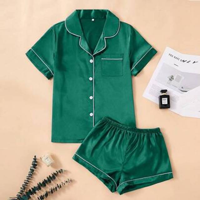 SHEIN Women&#39;s Solid Color Linen Short Sleeve Shorts Pajama Set, Home Wear Summer
