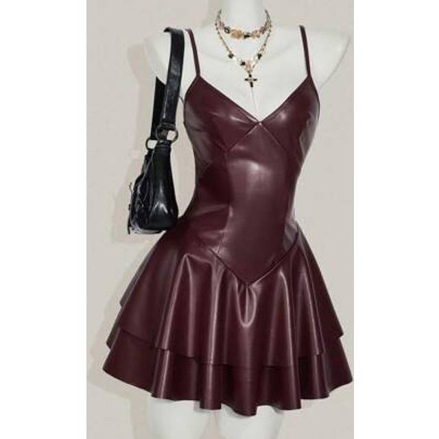 SHEIN Y2K Women Burgundy PU Leather Sexy V-Neck Mini Slip Dress,Party Dress