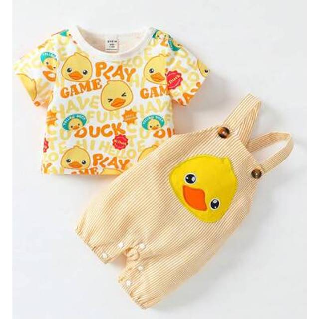 SHEIN Newborn Baby Letter Cartoon Print Short Sleeve T-Shirt And Bib Pants Casual 2-Piece Set