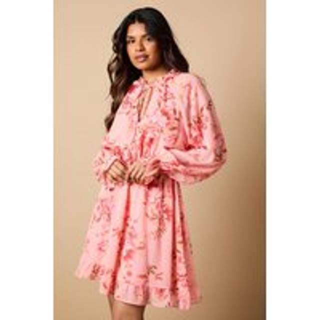 Floral Long Sleeve Mini Skater Dress - Pink - 18,16,14,12,10,8,6