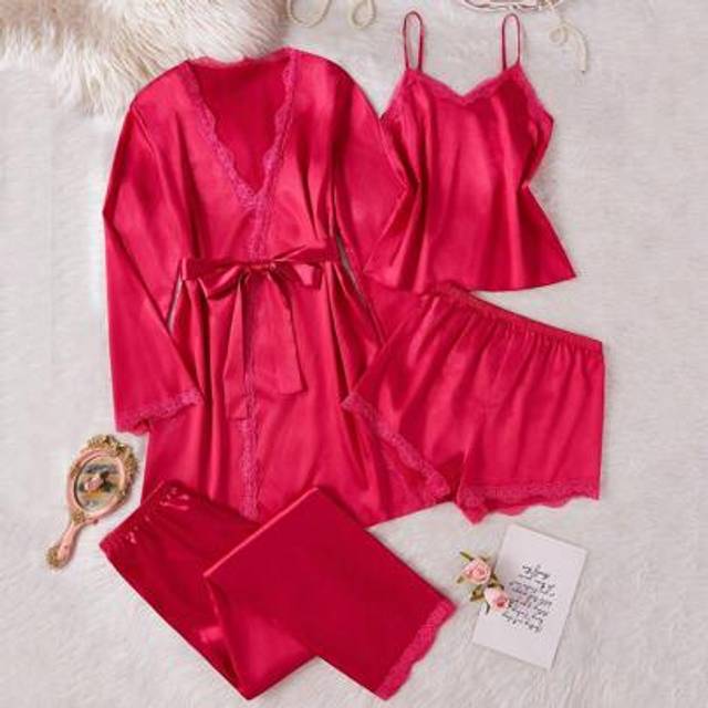 SHEIN 4pcs Teen Girl Pajama Set - Includes Solid Shorts, Lace Trim Pants, Camisole, And Long Sleeve Robe, Comfortable Fabric, Suitable For Summer & Spring S