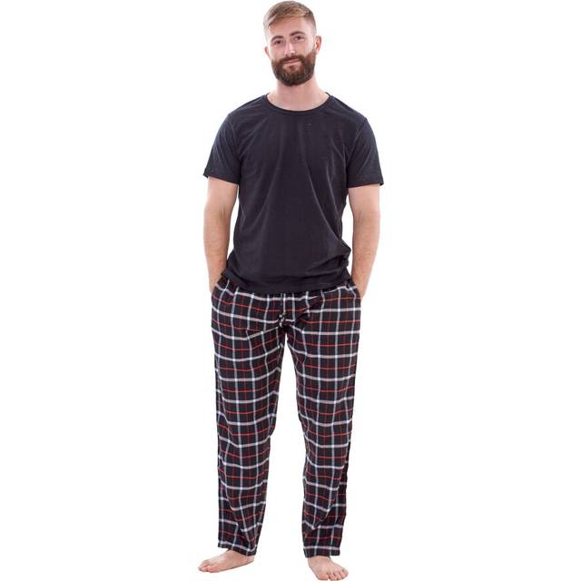 (Black, L) Malay Mens Flannel Pyjama Set Brushed Cotton Check Jersey Top Loungewear Lightweight