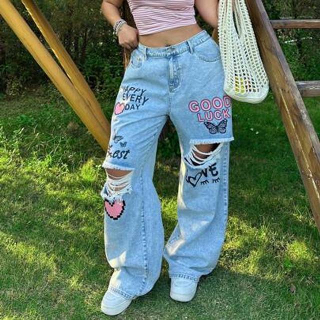 Plus Size Lösa distressed raka ben blå jeans (0XL,1XL,2XL,3XL,4XL)