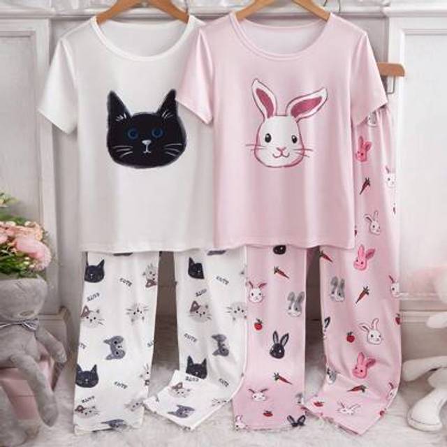 SHEIN 4pcs Teen Girls Pajama Set, Short Sleeve Tops And Long Pants, Cute Rabbit And Cat Designs, Soft And Comfy Fabric, Simple Style For Easy Mix And Match,