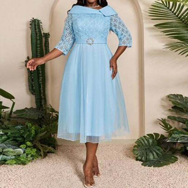 SHEIN Mgiacy-Lady New Arrival Solid Color Plus Size Cocktail Dress Contrast Lace Belt Metal Buckle Dress, Party Dress