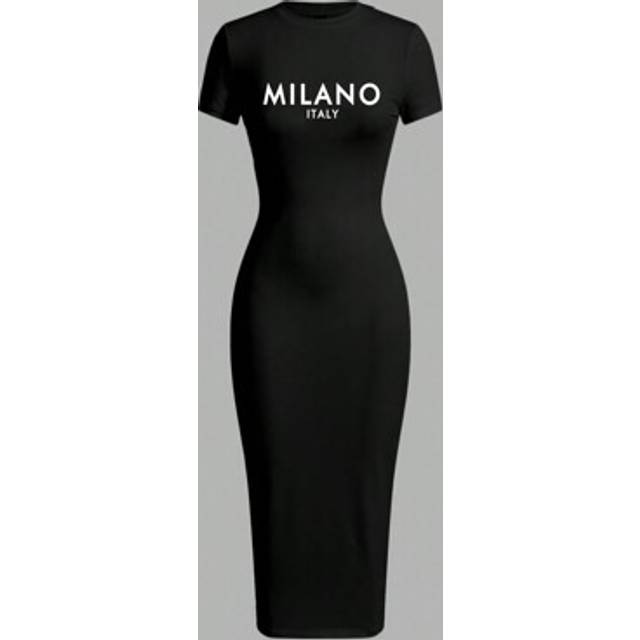 Slaydiva Casual Minimalist &#34;MILANO&#34; Graphic Plus Size Slim Fit Round Neck Short Sleeve Mid-Length Dress, Suitable For Summer