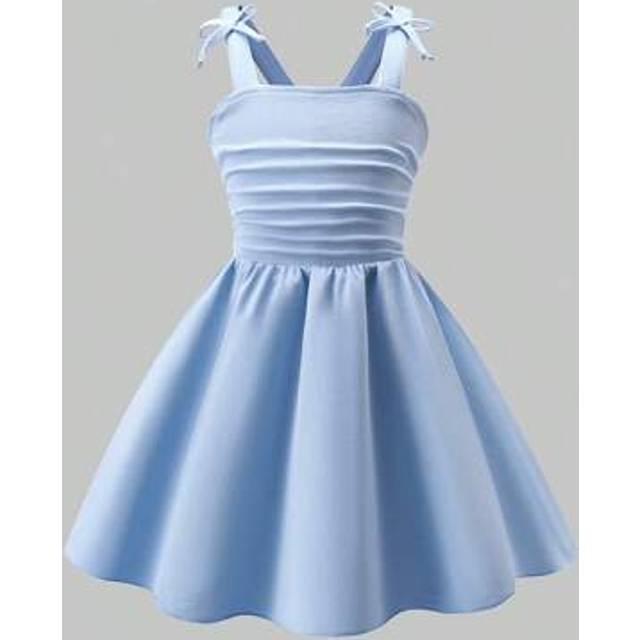 SHEIN Young Girls&#39; Elegant Solid Color 3D Bow Shoulder Ruched Strap Tea Party Dress, New Spring/Summer Outfits Suitable For Party And Gatherings Cute Dresse