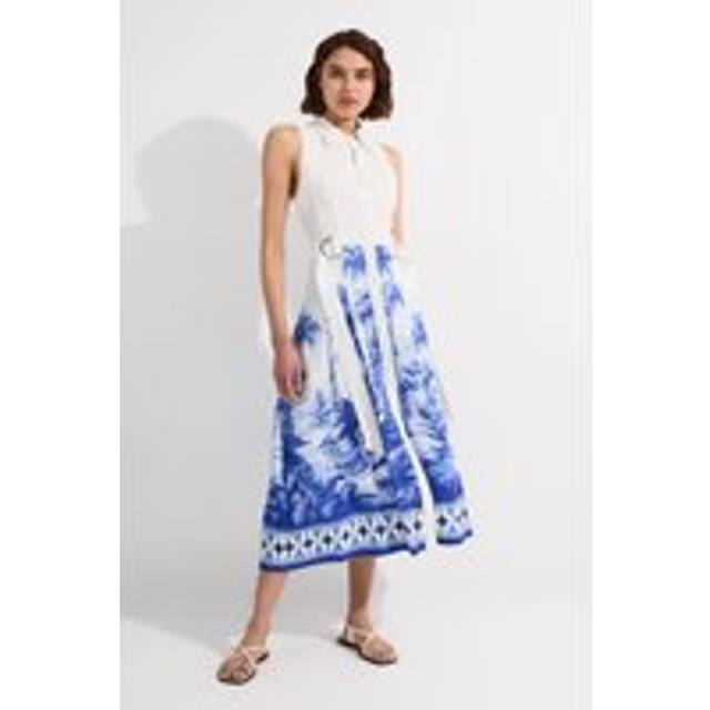 Viscose Linen Scenic Print With Top Stitch Belted Woven Midi Dress - Navy