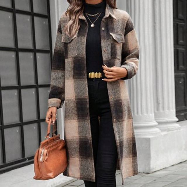 SHEIN Foldover Collar Button-Front Long Checkered Casual & Work Coat For Women