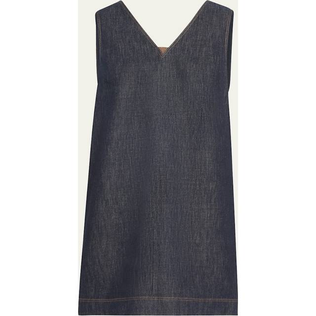 Short V-Neck Denim Tank Dress with Monili Insert - DENIM - Large