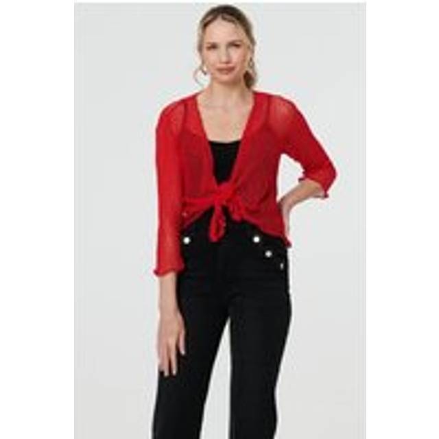Izabel London Sheer 3/4 Sleeve Open Front Cardigan - Red - one size