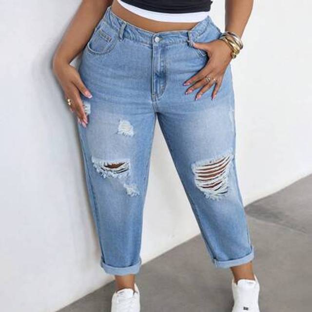 Dripcurv Plus Size Slim Fit Ripped Tapered Cropped Jeans, Blue, Loose Fit Ripped Tapered 7/8 Length Jeans, High Waist Roll Hem Jeans, Country Concert /Rave/Rav