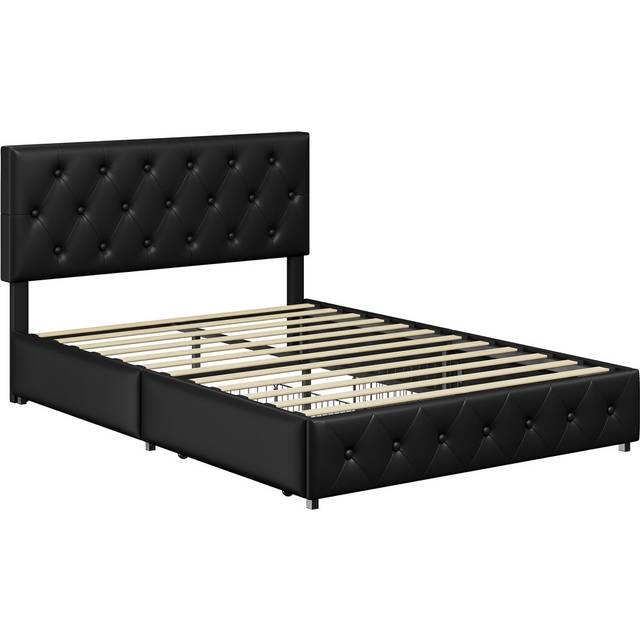Upholstered Bed Frame with Drawer Storage - Black (Double (4&#39;6))