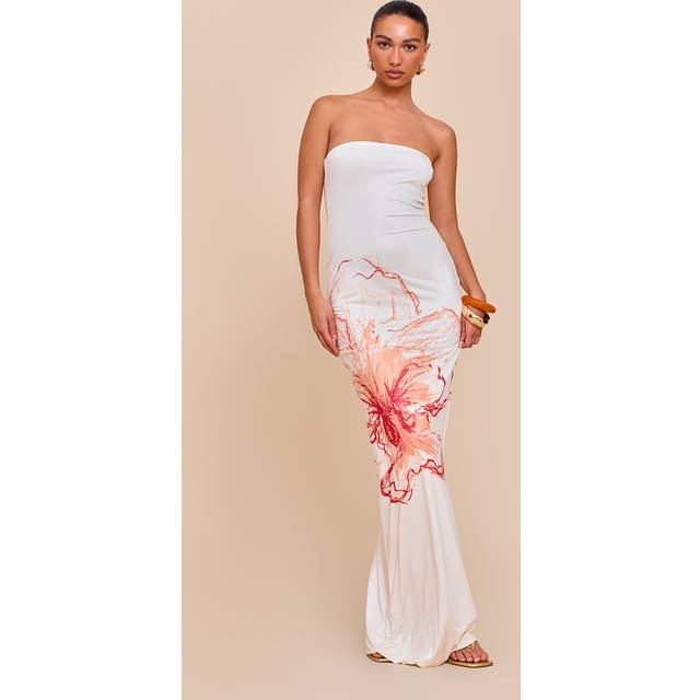 Cream Floral Printed Bandeau Maxi Dress, White - 16