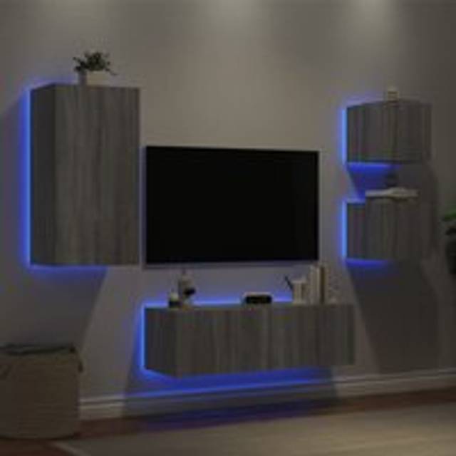 4 Piece TV Wall Cabinets with LED Lights Grey Sonoma - One Size