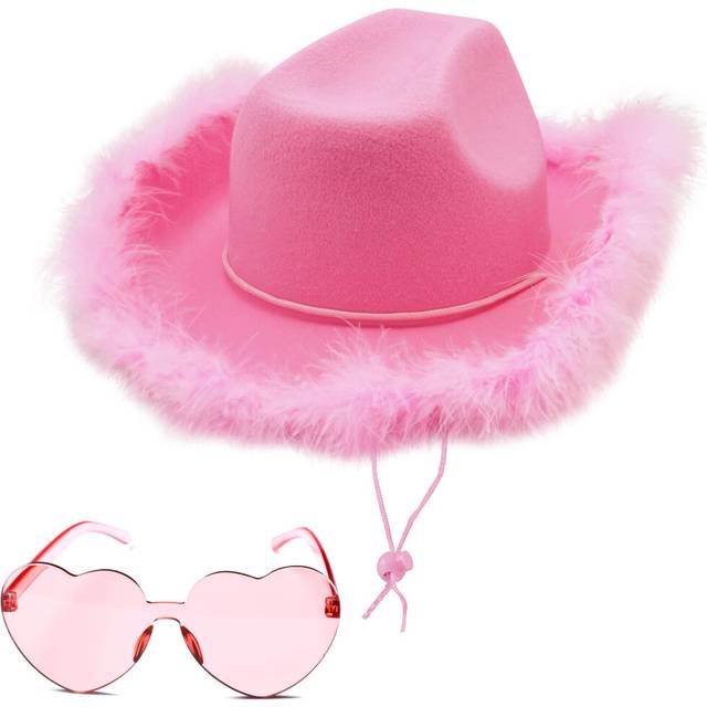 4E's Novelty Pink Cowboy Hat with Feathers with Heart Shaped Sunglasses for Women  Felt Pink Cowgirl Hat for Party Costume Dress Up