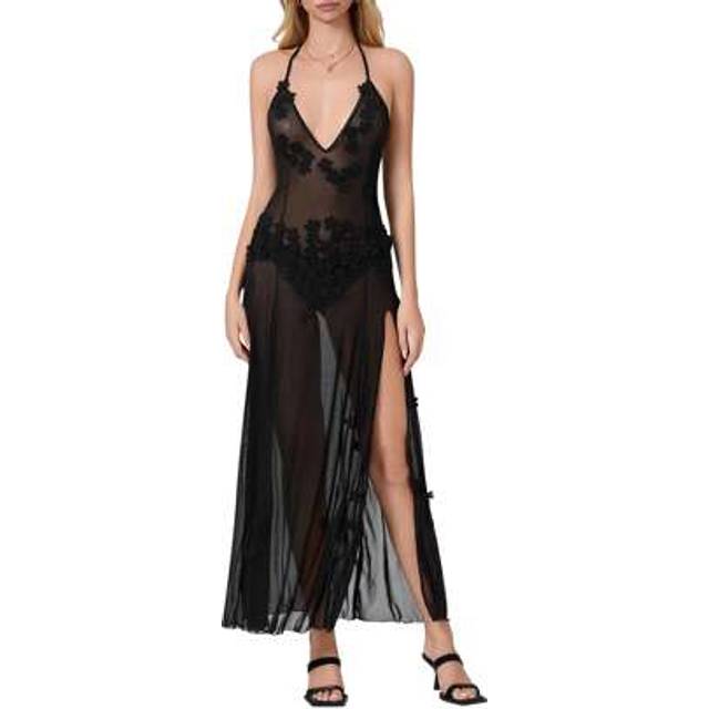 SHEIN Women Sleeveless Sheer Mesh Bikini Cover Ups 3D Flower Halter Neck High Split Long Maxi Dress Swimsuit Beachwear Backless See Through Beach Sundress L