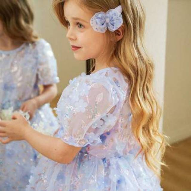 SHEIN Newly Launched Little Girl&#39;s Round-Neck Short-Sleeved Three-Dimensional Butterfly Net Yarn Cinched-Waist Dress For Formal Occasions. It&#39;s Comfortable,