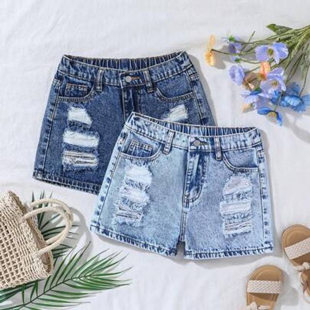 SHEIN Tween Girls Spring Summer Break 2 Pieces Ripped Light/Solid Washed Causal Baggy Denim Jeans Shorts,Girls Summer Beach Boho Vacation Concert Rave Feast