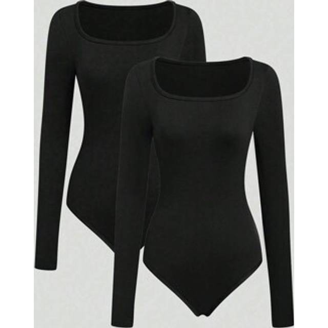 Flirla Women&#39;s Solid Color Square Collar Long Sleeve Bodysuit, Autumn