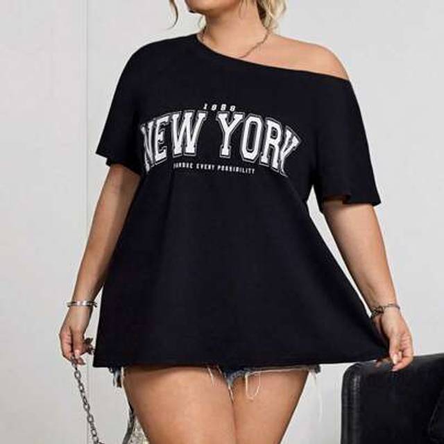 SHEIN CURVE PLUS Women&#39;s Plus Size Gray Starry Print Off-Shoulder Short Sleeve Casual 4th Of July T-Shirt For Spring And Summer,Curve Plus ,Hoho Vacation