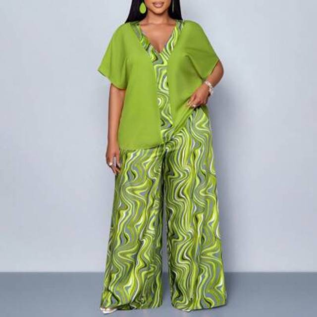 SOLERSUN 2025 Plus Size Women&#39;s Geometric Pattern-Print Patchwork Shirt And Printed Wide-Leg Trousers Set Two Pieces Set New Geometric Pattern Vacation Beach V